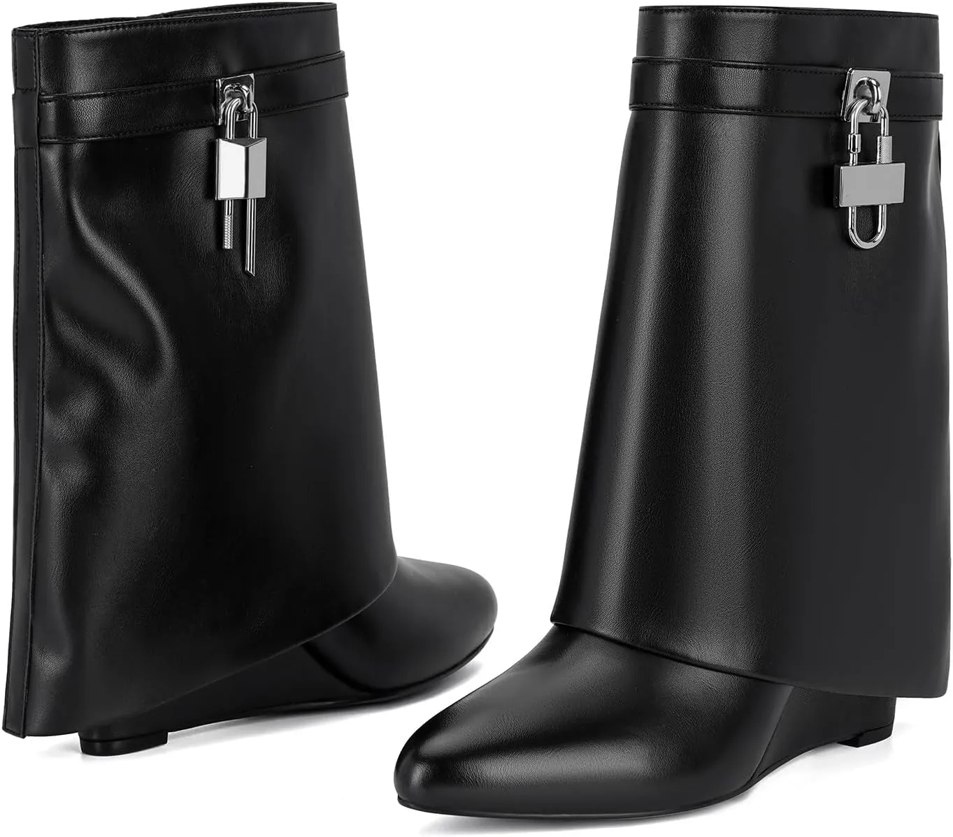 CORNMOOD Women Fold Over Shark Boots Wide Mid-calf Boots Platform Wedge Heel Almond Toe Faux Leather Pull On Short Booties with Padlock