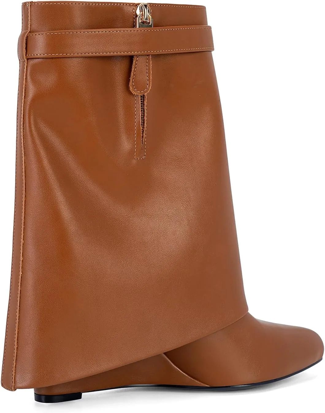 CORNMOOD Women Fold Over Shark Boots Wide Mid-calf Boots Platform Wedge Heel Almond Toe Faux Leather Pull On Short Booties with Padlock