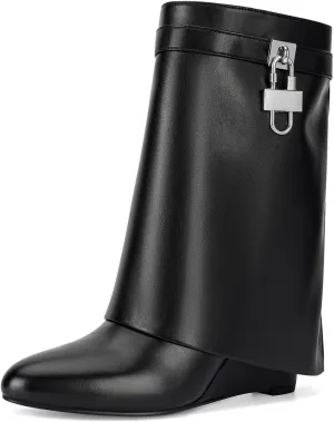 CORNMOOD Women Fold Over Shark Boots Wide Mid-calf Boots Platform Wedge Heel Almond Toe Faux Leather Pull On Short Booties with Padlock
