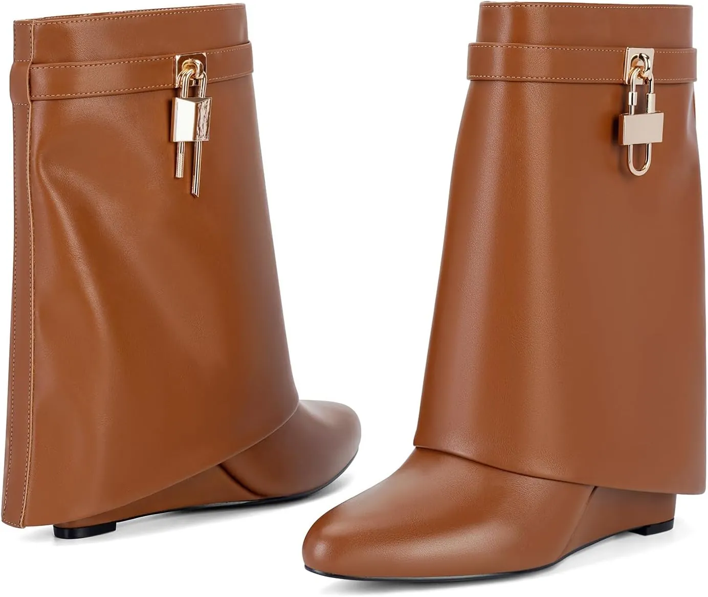 CORNMOOD Women Fold Over Shark Boots Wide Mid-calf Boots Platform Wedge Heel Almond Toe Faux Leather Pull On Short Booties with Padlock