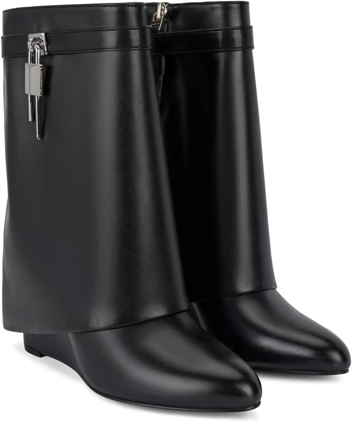 CORNMOOD Women Fold Over Shark Boots Wide Mid-calf Boots Platform Wedge Heel Almond Toe Faux Leather Pull On Short Booties with Padlock