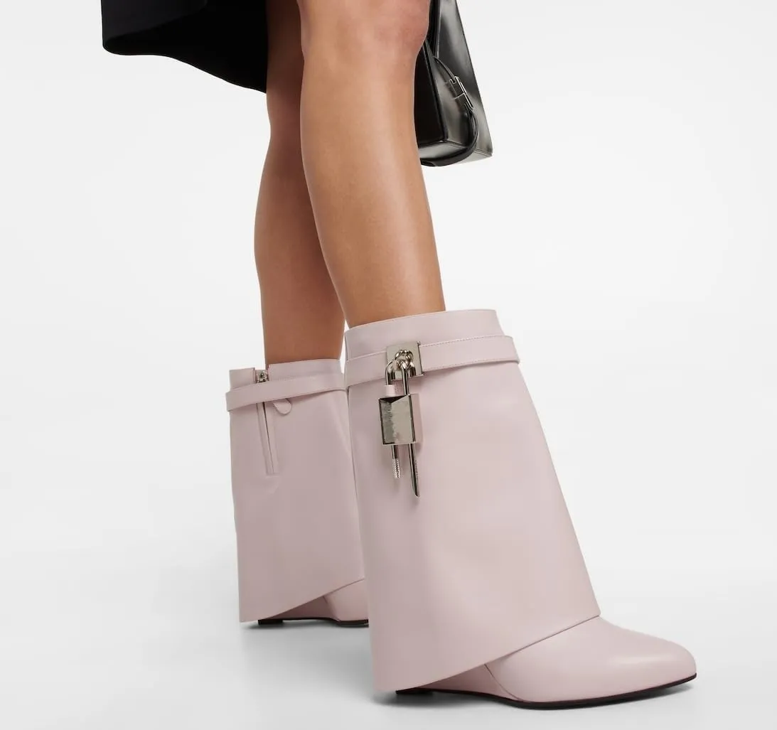 CORNMOOD Women Fold Over Shark Boots Wide Mid-calf Boots Platform Wedge Heel Almond Toe Faux Leather Pull On Short Booties with Padlock