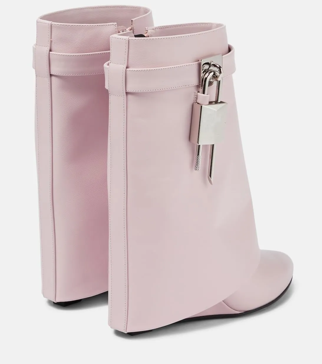 CORNMOOD Women Fold Over Shark Boots Wide Mid-calf Boots Platform Wedge Heel Almond Toe Faux Leather Pull On Short Booties with Padlock