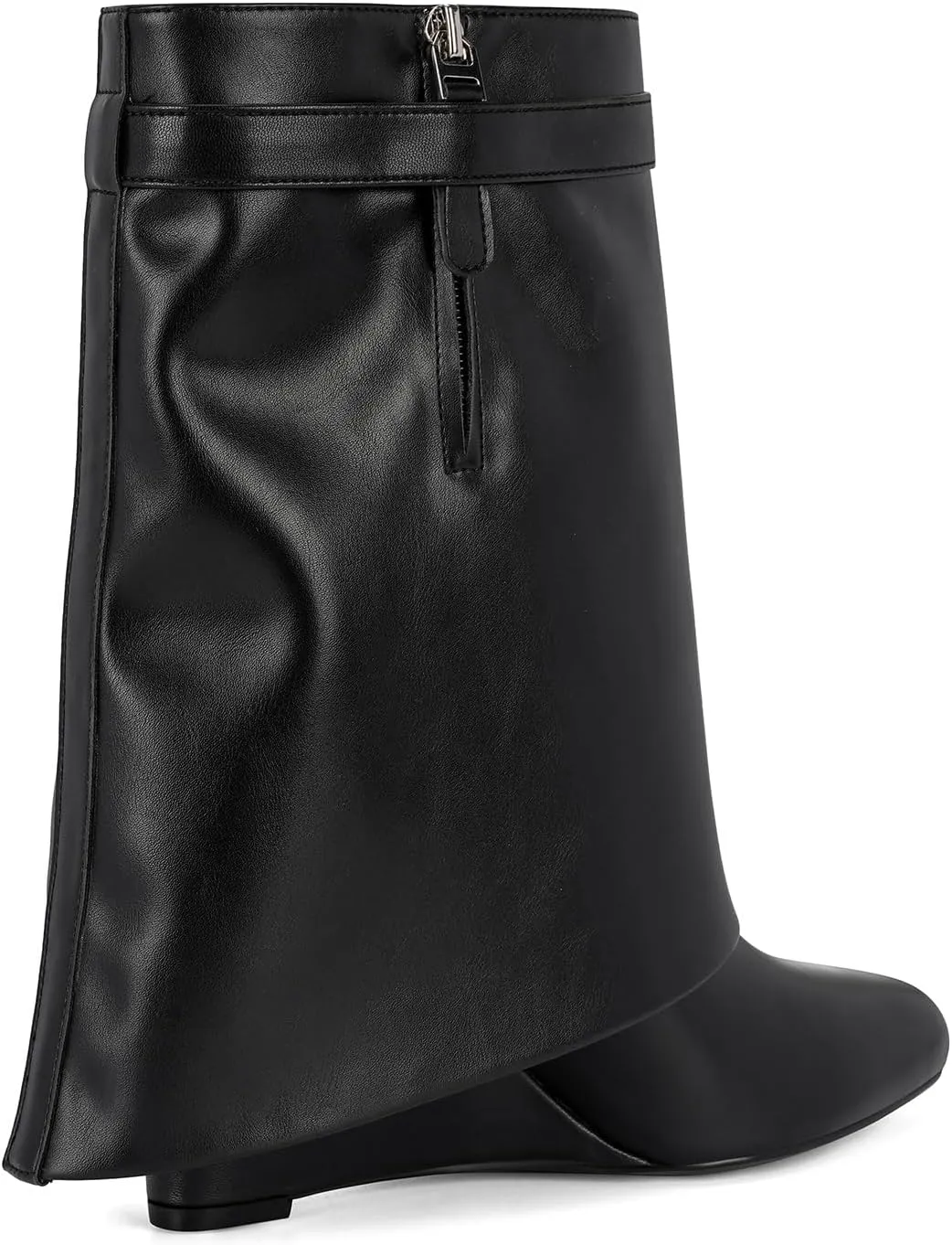 CORNMOOD Women Fold Over Shark Boots Wide Mid-calf Boots Platform Wedge Heel Almond Toe Faux Leather Pull On Short Booties with Padlock