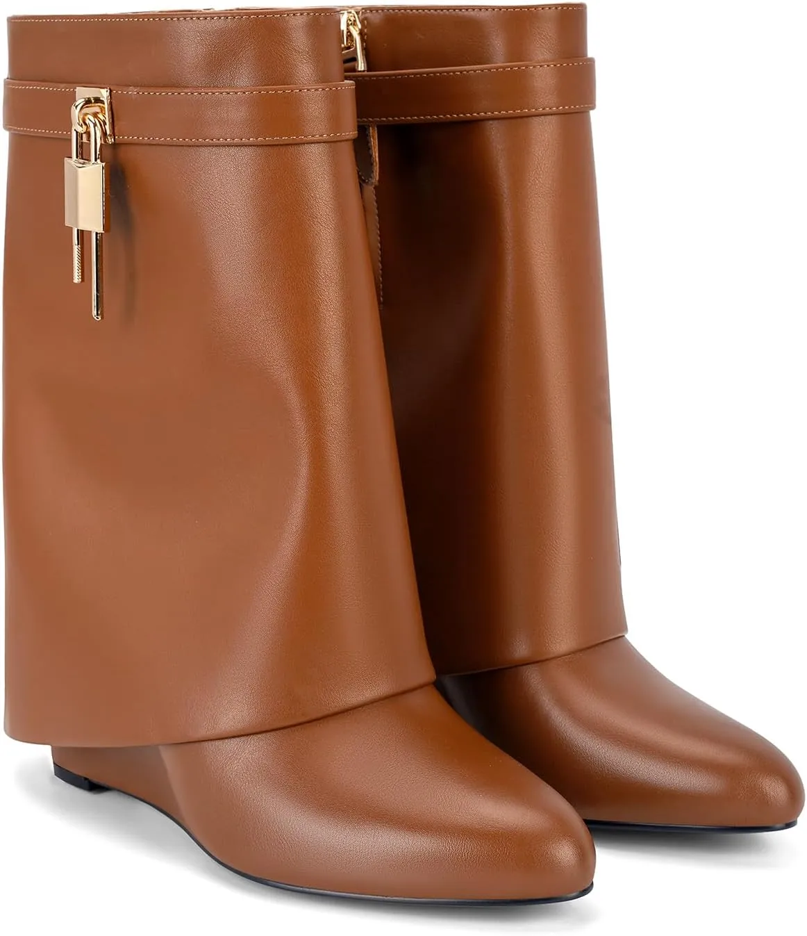 CORNMOOD Women Fold Over Shark Boots Wide Mid-calf Boots Platform Wedge Heel Almond Toe Faux Leather Pull On Short Booties with Padlock