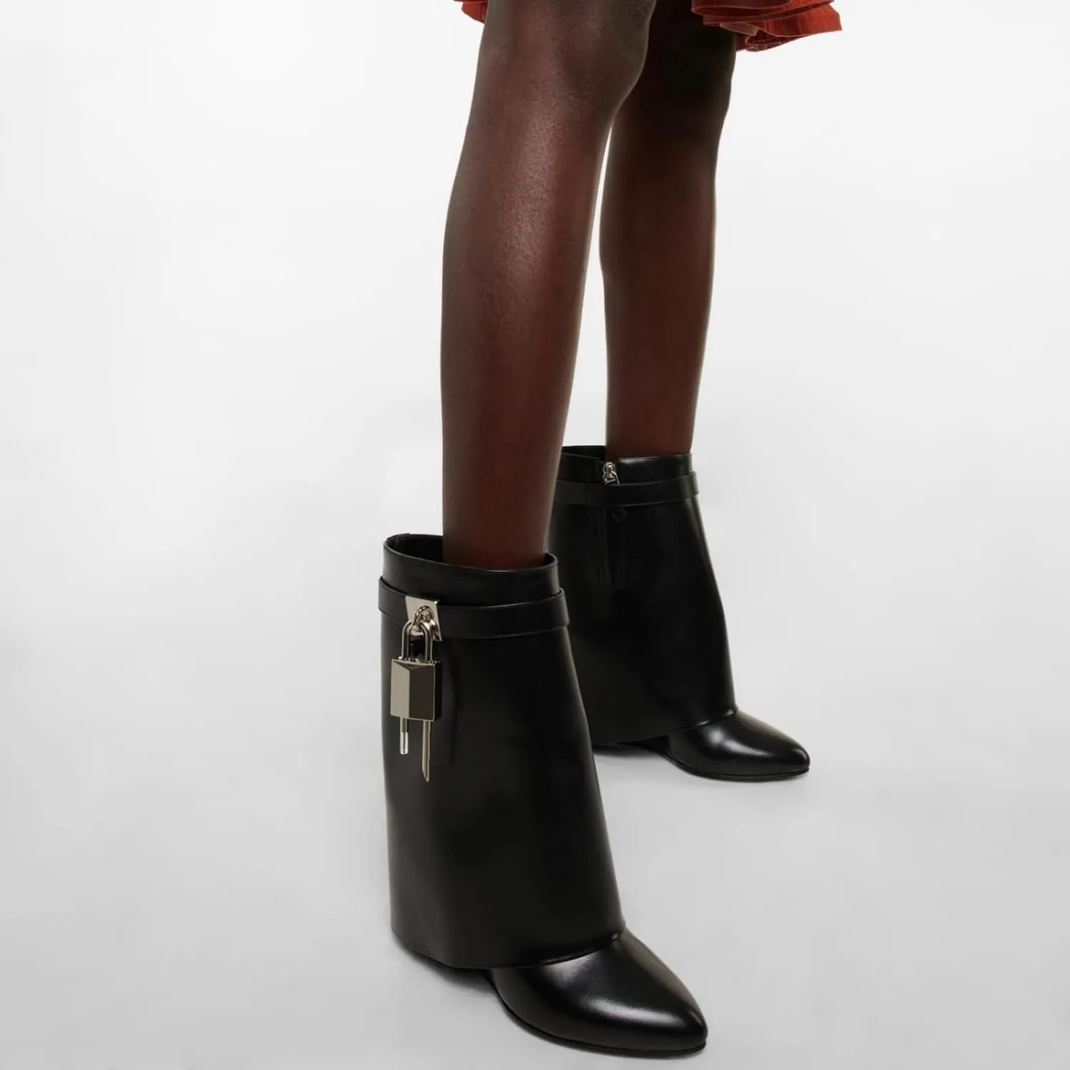 CORNMOOD Women Fold Over Shark Boots Wide Mid-calf Boots Platform Wedge Heel Almond Toe Faux Leather Pull On Short Booties with Padlock