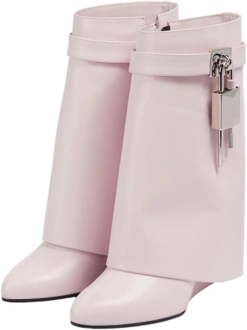 CORNMOOD Women Fold Over Shark Boots Wide Mid-calf Boots Platform Wedge Heel Almond Toe Faux Leather Pull On Short Booties with Padlock