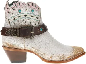 Corral Boots Womens Studded Harness Pointed Toe Zippered Casual Boots Ankle Mid Heel 2-3" - White