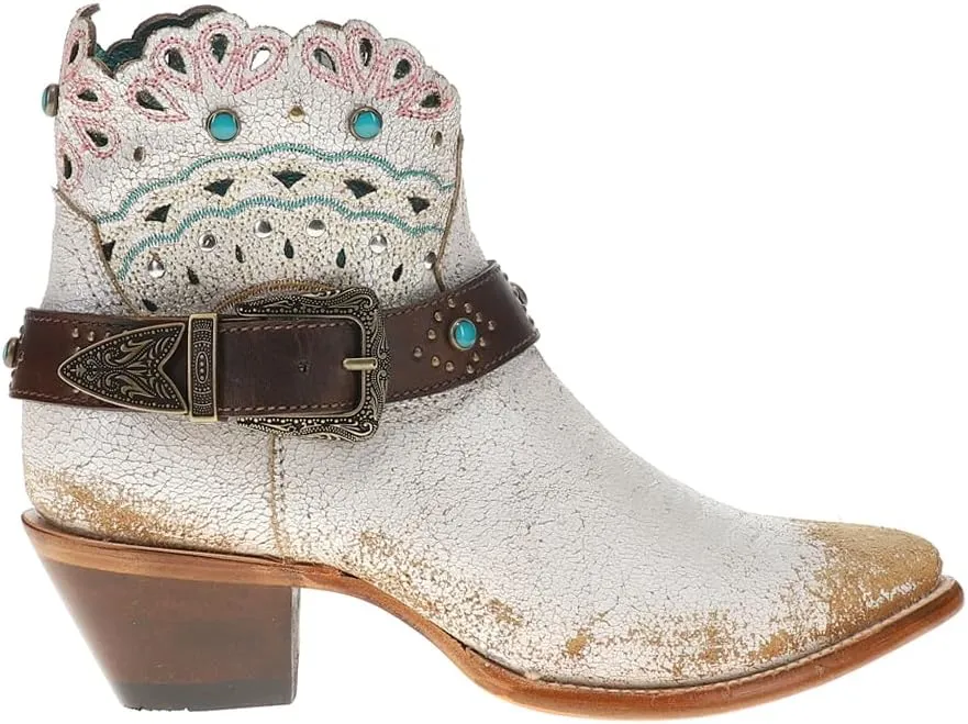 Corral Boots Womens Studded Harness Pointed Toe Zippered Casual Boots Ankle Mid Heel 2-3" - White