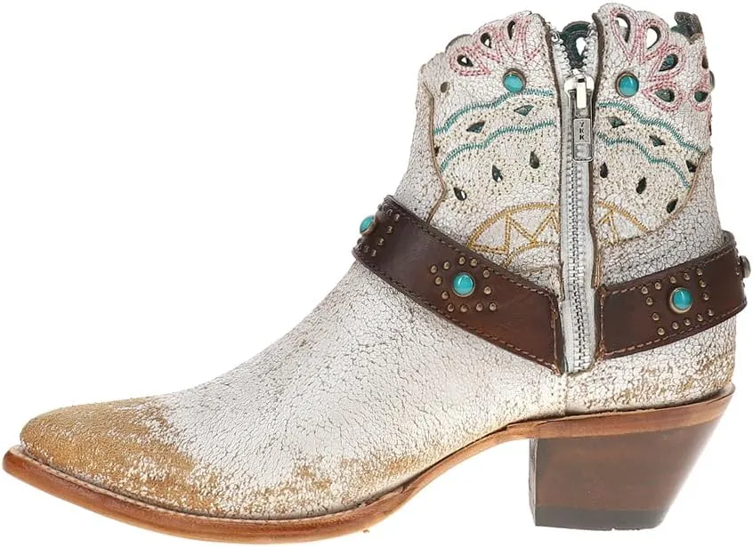 Corral Boots Womens Studded Harness Pointed Toe Zippered Casual Boots Ankle Mid Heel 2-3" - White