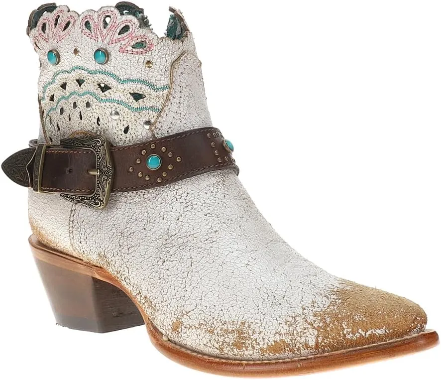 Corral Boots Womens Studded Harness Pointed Toe Zippered Casual Boots Ankle Mid Heel 2-3" - White