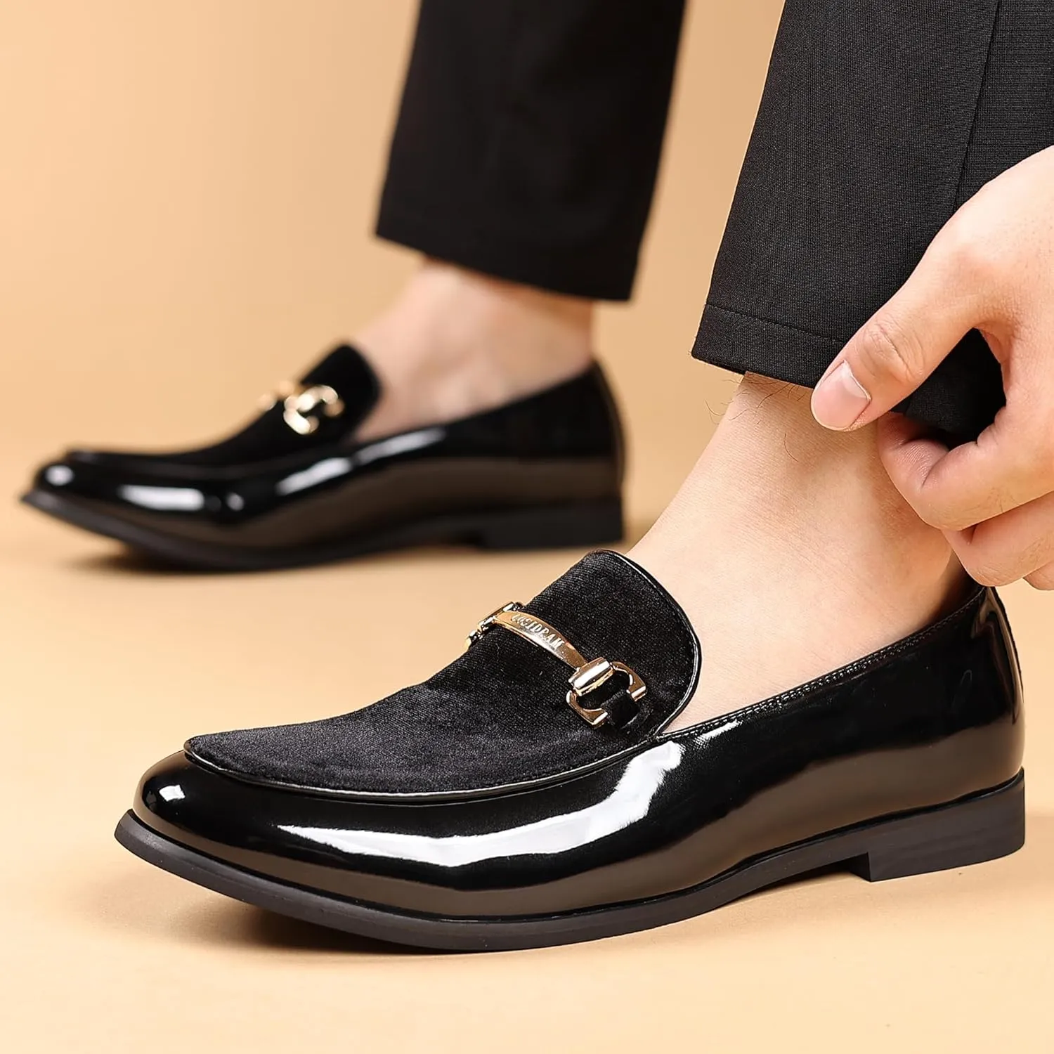 COSIDRAM Men's Casual Shoes Fashion Velvet Patent Leather Loafers Classic Gold Buckle Business Party Shoes