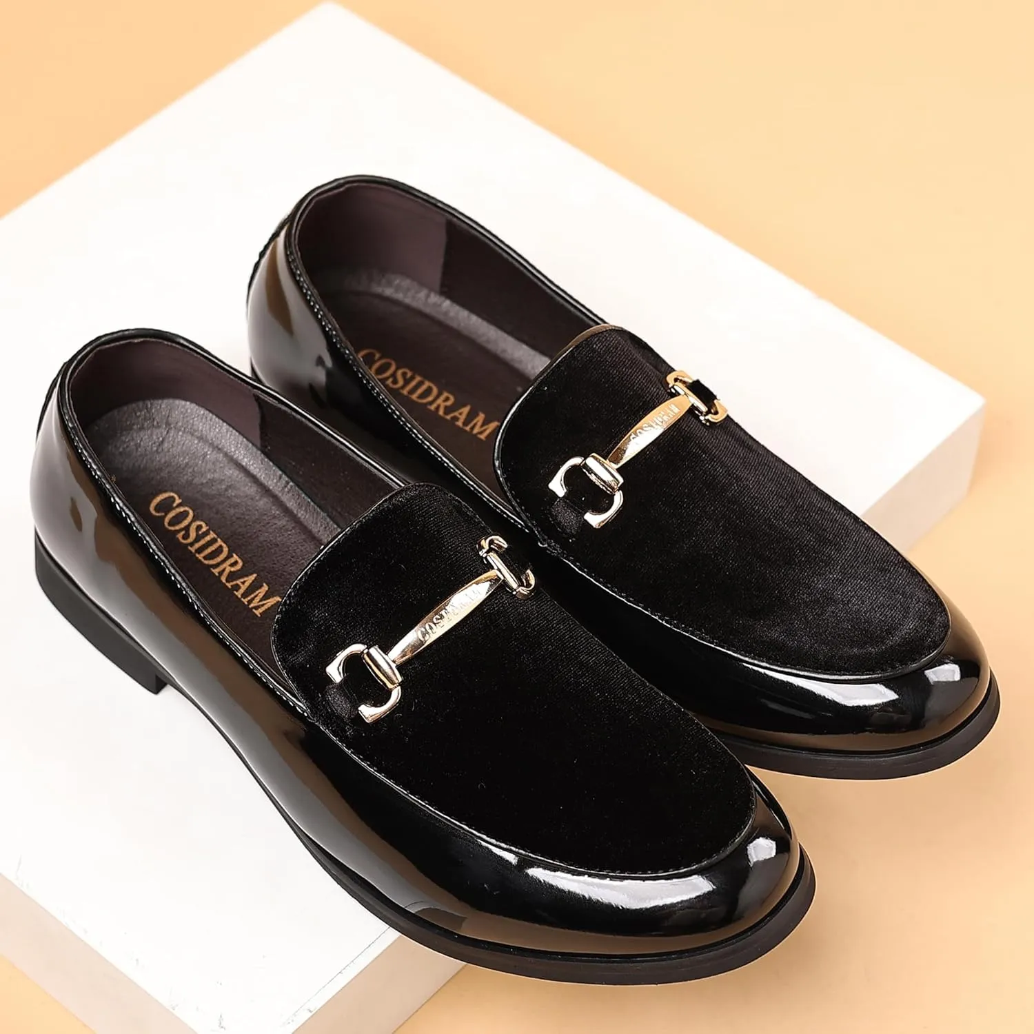 COSIDRAM Men's Casual Shoes Fashion Velvet Patent Leather Loafers Classic Gold Buckle Business Party Shoes