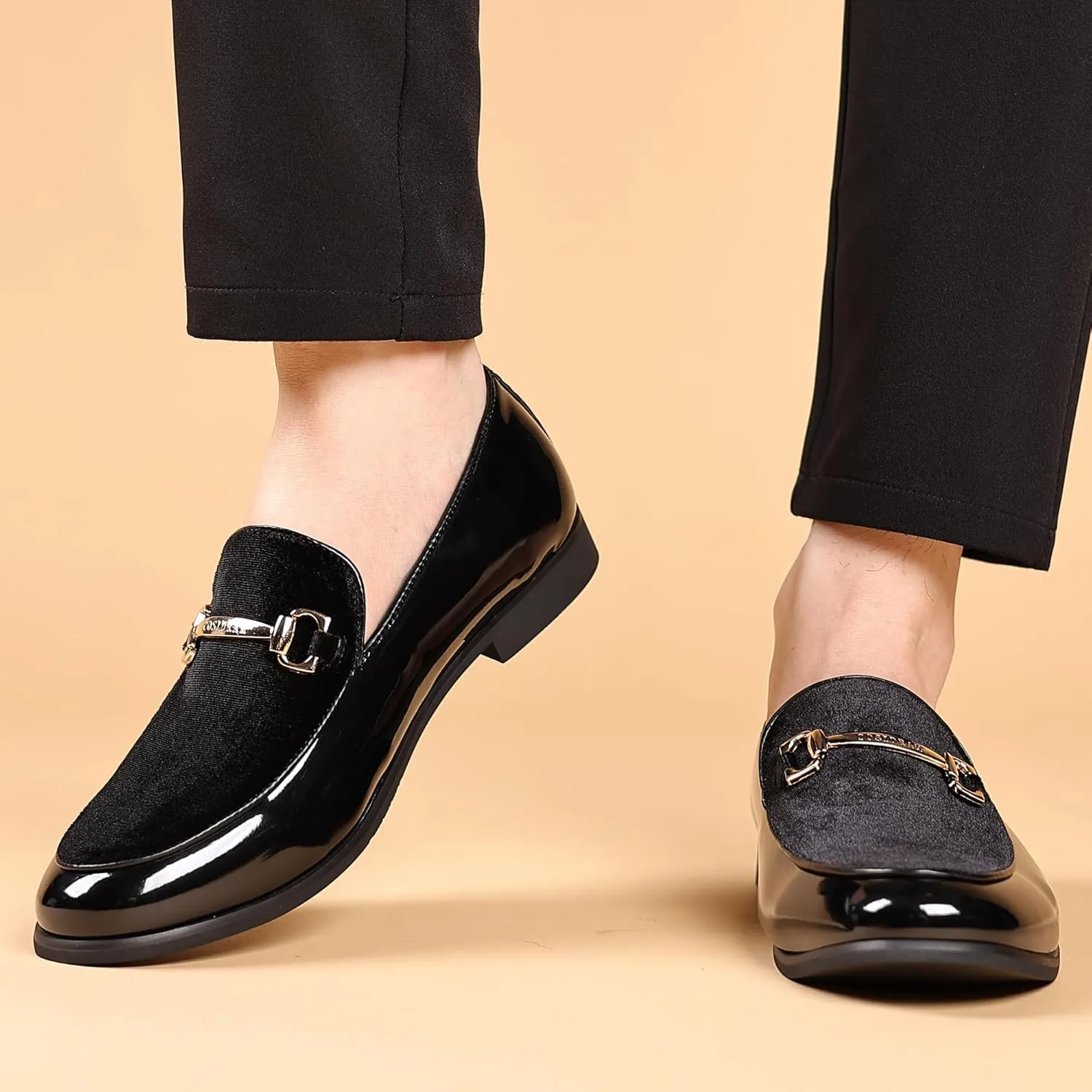 COSIDRAM Men's Casual Shoes Fashion Velvet Patent Leather Loafers Classic Gold Buckle Business Party Shoes