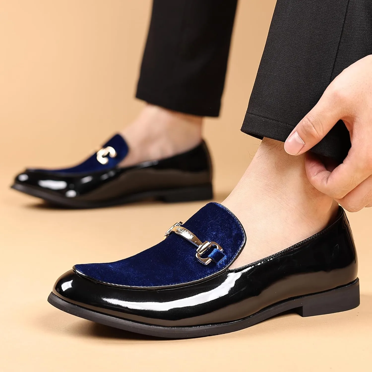 COSIDRAM Men's Casual Shoes Fashion Velvet Patent Leather Loafers Classic Gold Buckle Business Party Shoes