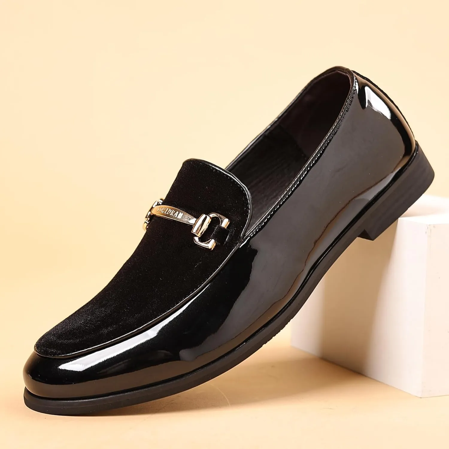 COSIDRAM Men's Casual Shoes Fashion Velvet Patent Leather Loafers Classic Gold Buckle Business Party Shoes