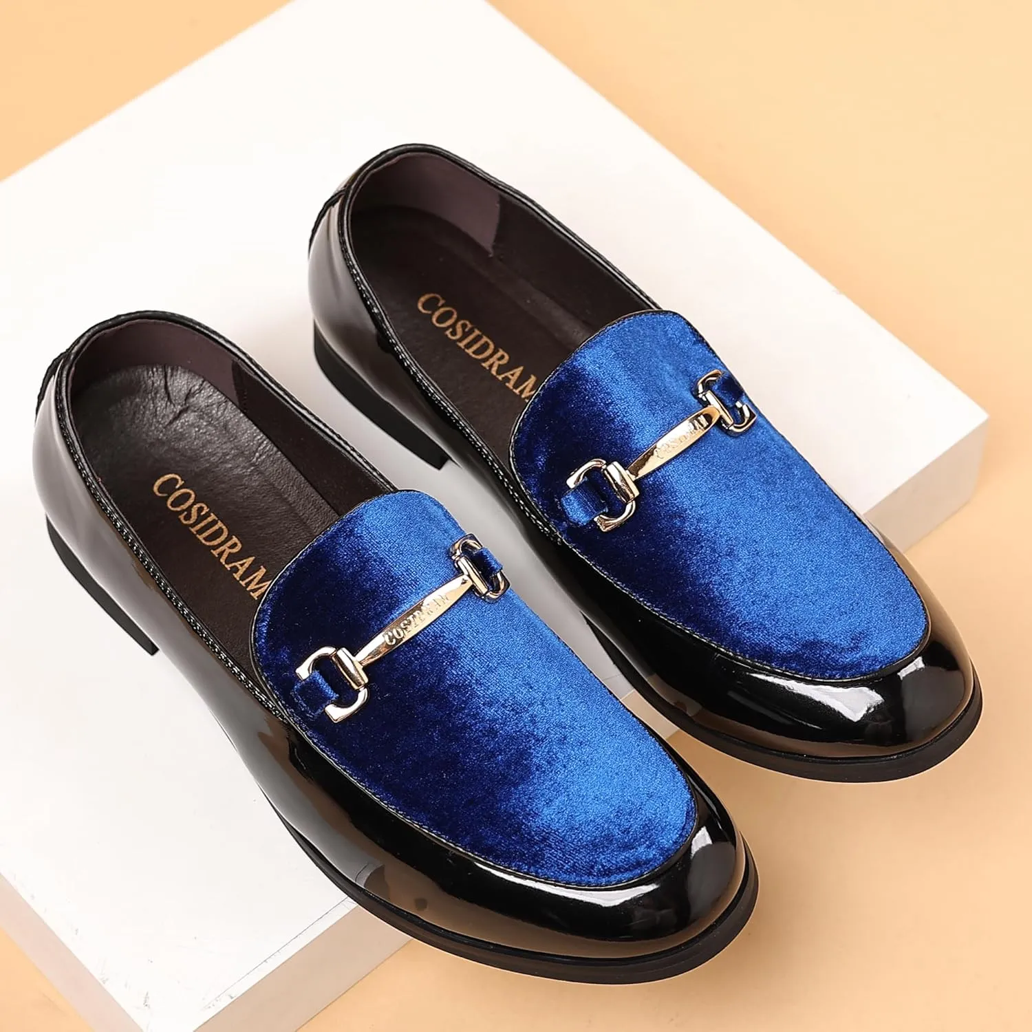 COSIDRAM Men's Casual Shoes Fashion Velvet Patent Leather Loafers Classic Gold Buckle Business Party Shoes