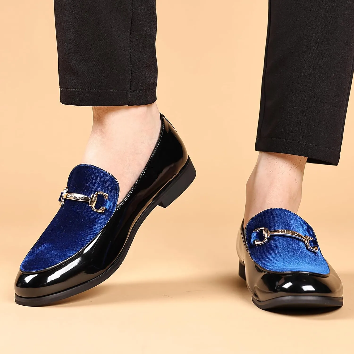 COSIDRAM Men's Casual Shoes Fashion Velvet Patent Leather Loafers Classic Gold Buckle Business Party Shoes