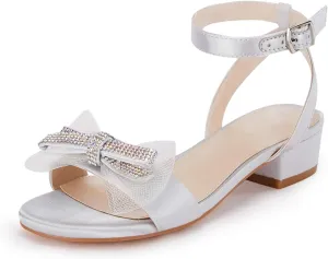 Coutgo Girls Low Heel Sandals Open Toe Rhinestone Ankle Strap Flower Wedding Dress Shoes Little Big Kids