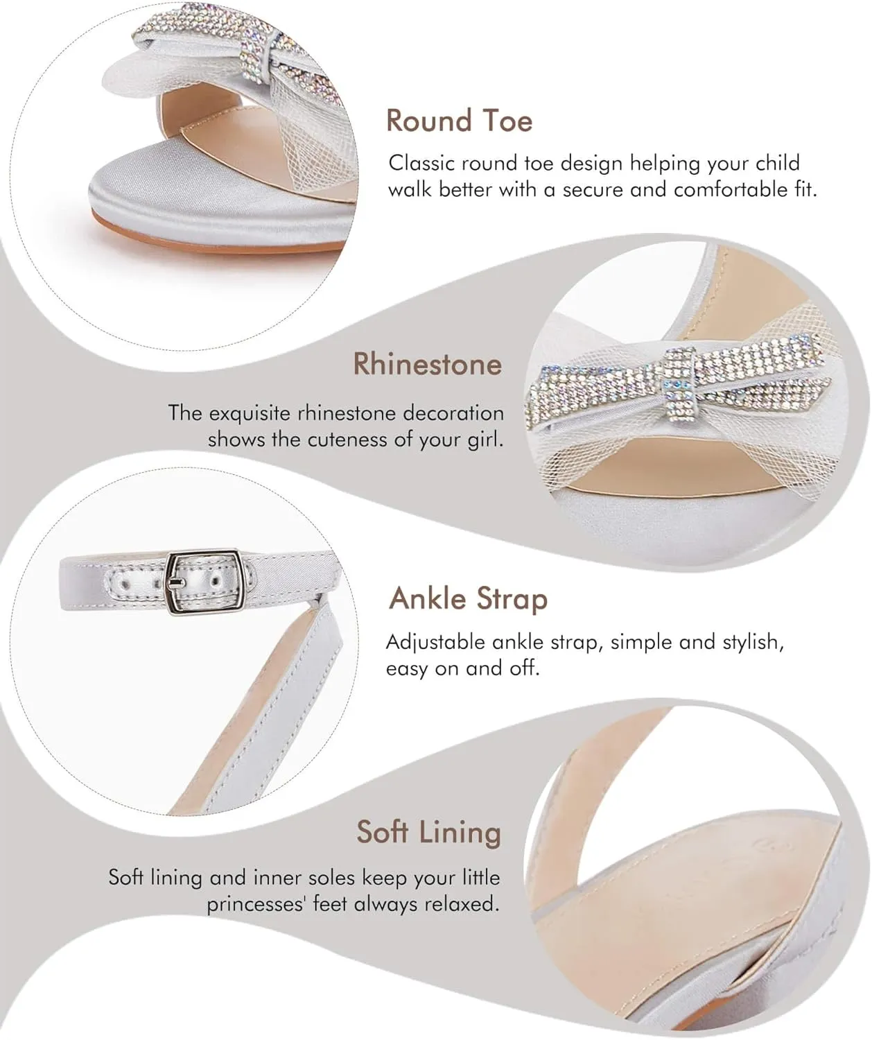 Coutgo Girls Low Heel Sandals Open Toe Rhinestone Ankle Strap Flower Wedding Dress Shoes Little Big Kids