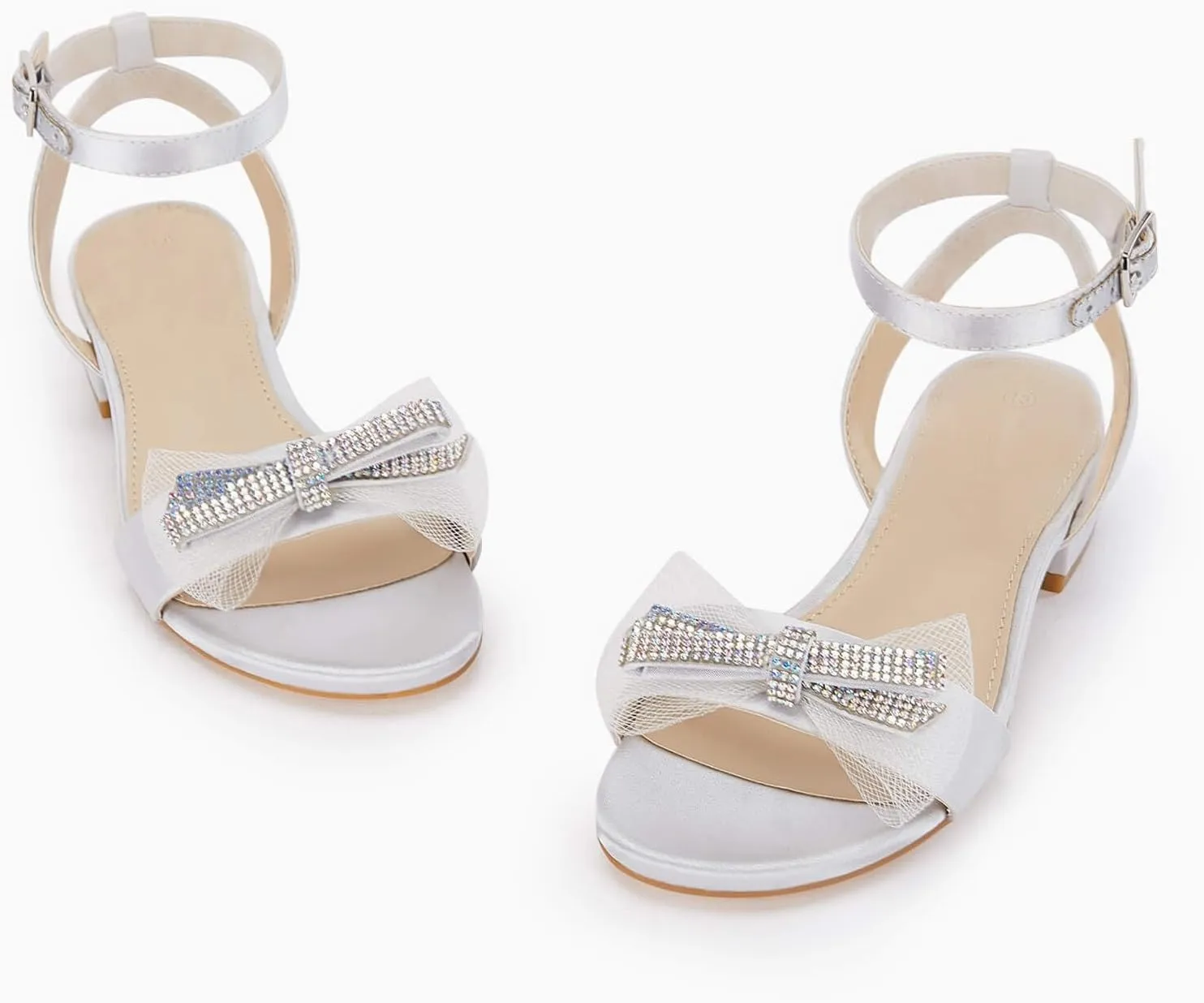 Coutgo Girls Low Heel Sandals Open Toe Rhinestone Ankle Strap Flower Wedding Dress Shoes Little Big Kids