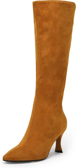 Coutgo Womens Knee High Boots Pointed Toe Kitten Heel Side Zipper Stretchy Vegan Suede Comfort Fall Winter Boot