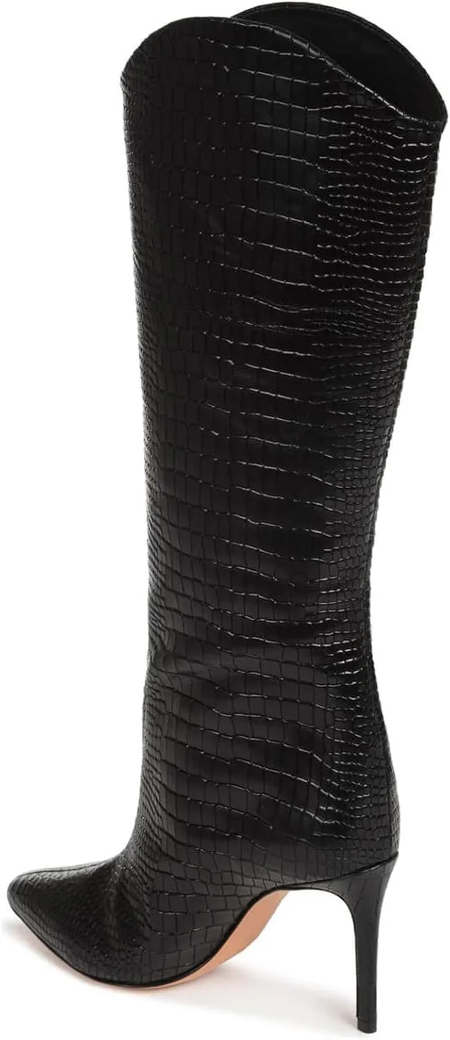 Coutgo Womens Knee High Boots Stiletto High Heels Pointed Toe Faux Crocodile Tall Boots Fall Winter Shoes
