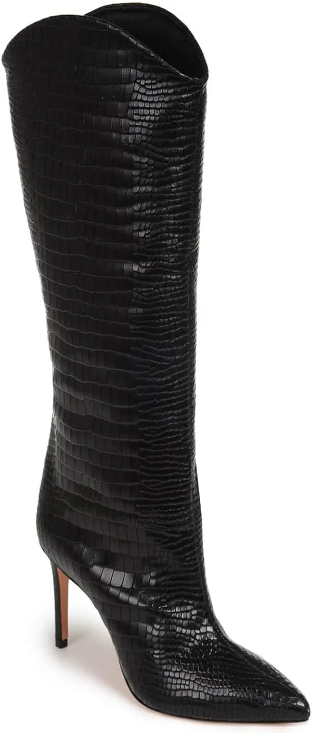 Coutgo Womens Knee High Boots Stiletto High Heels Pointed Toe Faux Crocodile Tall Boots Fall Winter Shoes
