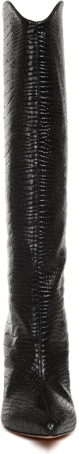 Coutgo Womens Knee High Boots Stiletto High Heels Pointed Toe Faux Crocodile Tall Boots Fall Winter Shoes