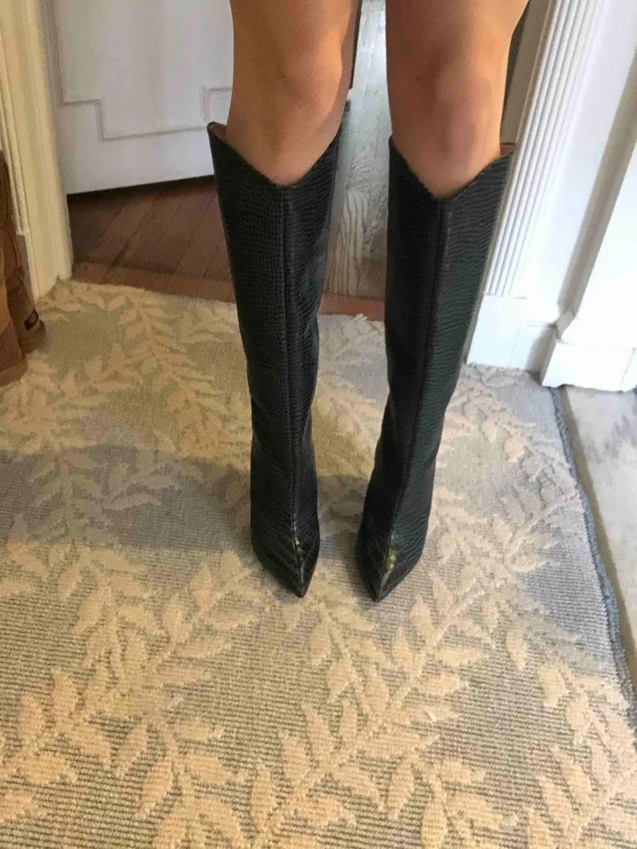 Coutgo Womens Knee High Boots Stiletto High Heels Pointed Toe Faux Crocodile Tall Boots Fall Winter Shoes