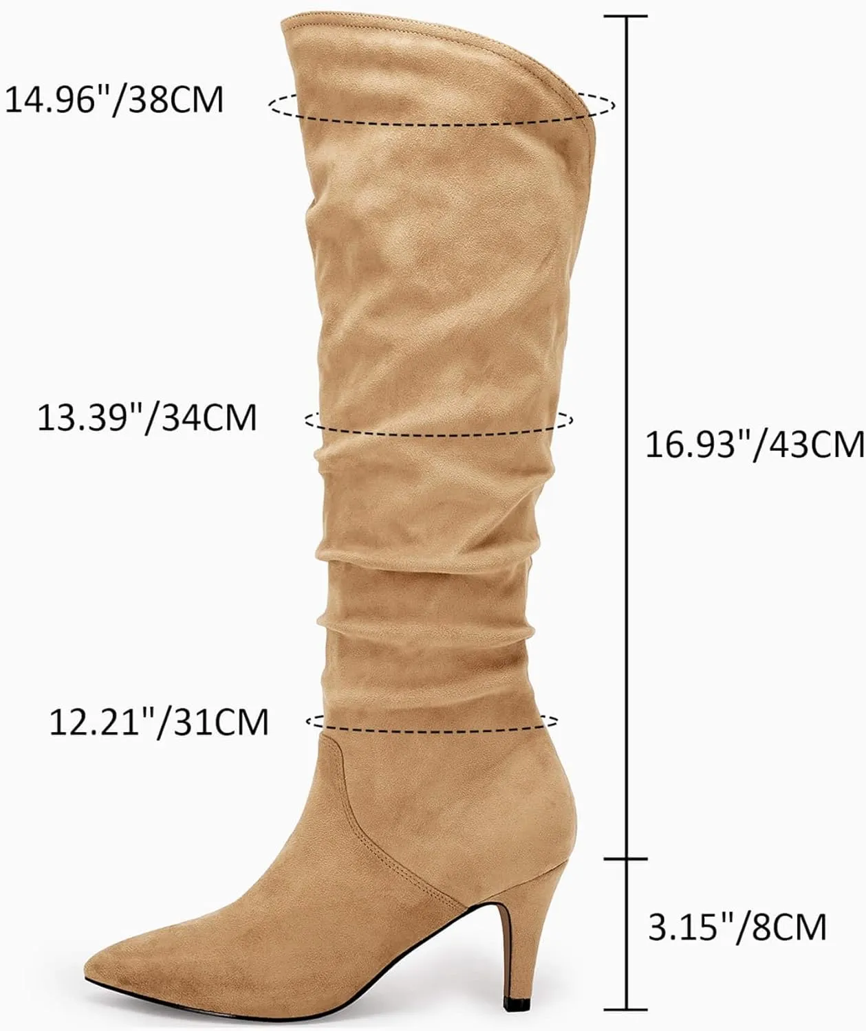 Coutgo Womens Slouchy Knee High Boots Wide Calf Kitten Heel Pointed Toe Pull On Long Boots Winter Shoes