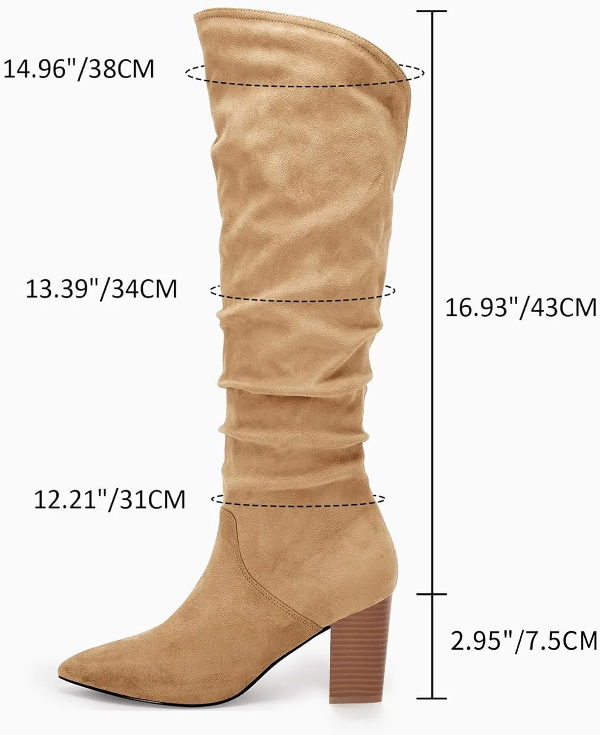 Coutgo Womens Slouchy Knee High Boots Wide Calf Kitten Heel Pointed Toe Pull On Long Boots Winter Shoes