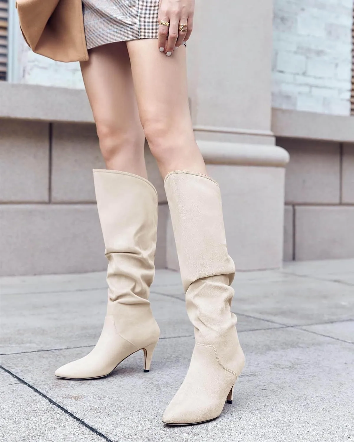 Coutgo Womens Slouchy Knee High Boots Wide Calf Kitten Heel Pointed Toe Pull On Long Boots Winter Shoes