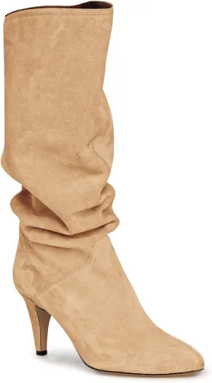 Coutgo Womens Slouchy Knee High Boots Wide Calf Kitten Heel Pointed Toe Pull On Long Boots Winter Shoes