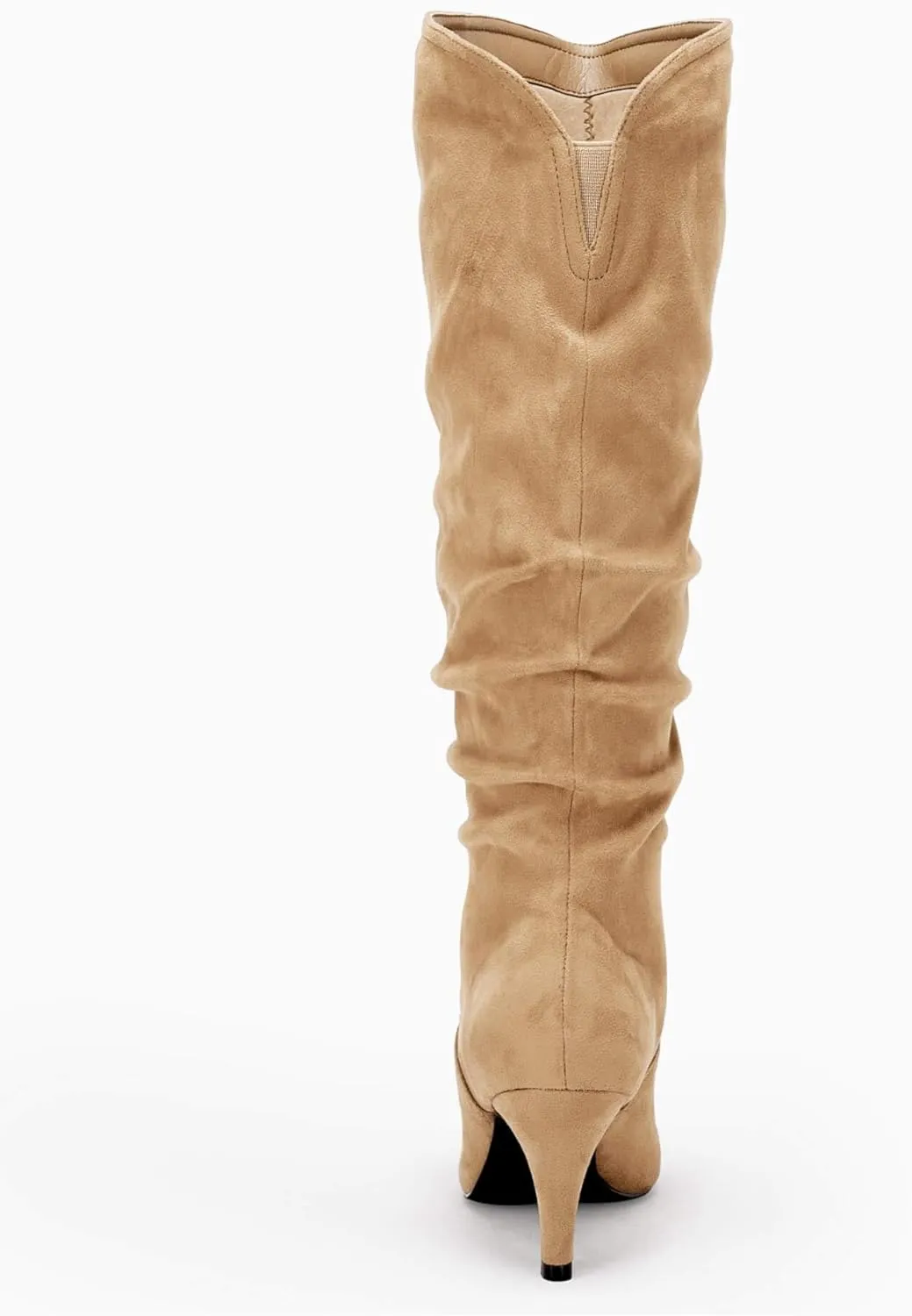 Coutgo Womens Slouchy Knee High Boots Wide Calf Kitten Heel Pointed Toe Pull On Long Boots Winter Shoes
