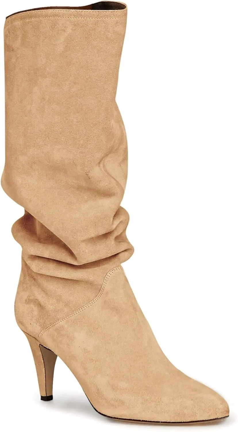 Coutgo Womens Slouchy Knee High Boots Wide Calf Kitten Heel Pointed Toe Pull On Long Boots Winter Shoes