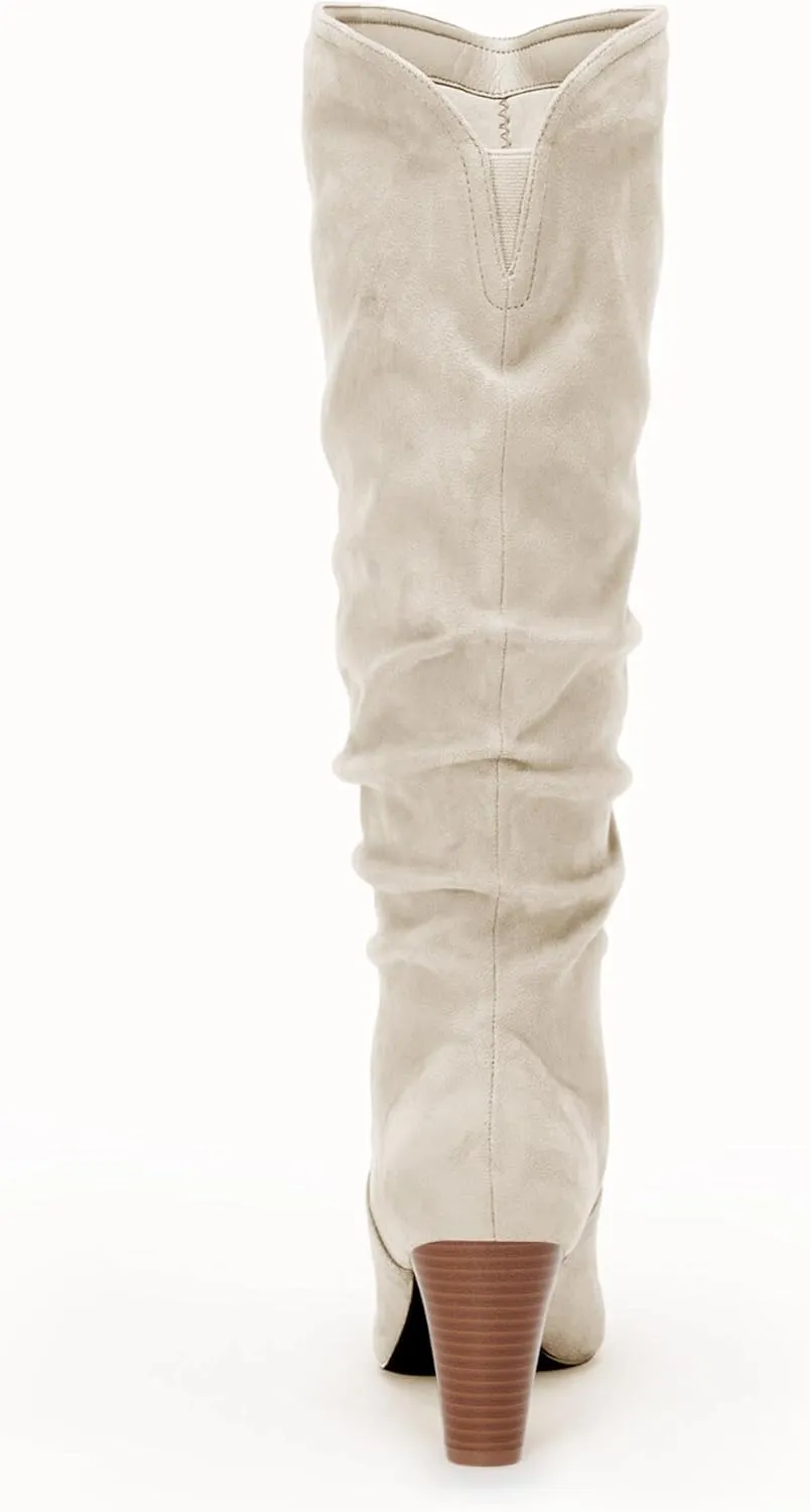 Coutgo Womens Slouchy Knee High Boots Wide Calf Kitten Heel Pointed Toe Pull On Long Boots Winter Shoes