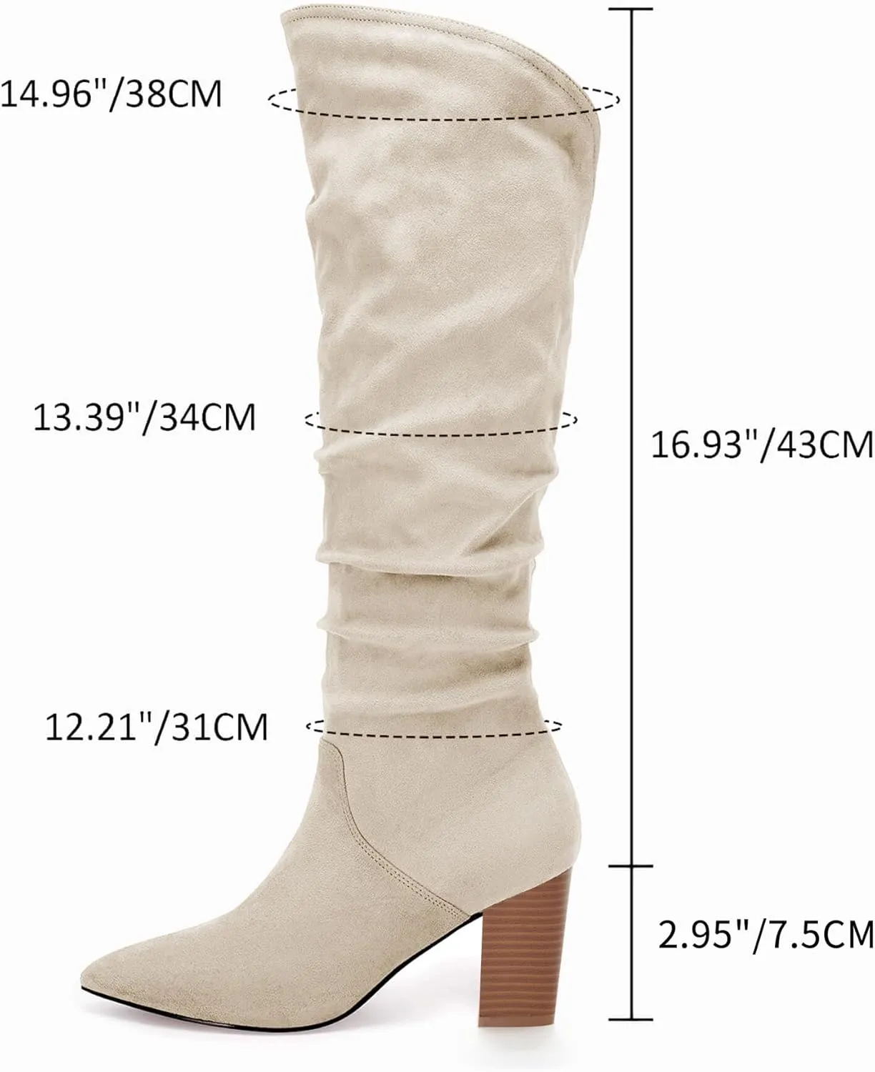 Coutgo Womens Slouchy Knee High Boots Wide Calf Kitten Heel Pointed Toe Pull On Long Boots Winter Shoes