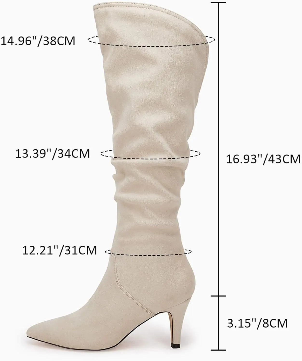 Coutgo Womens Slouchy Knee High Boots Wide Calf Kitten Heel Pointed Toe Pull On Long Boots Winter Shoes