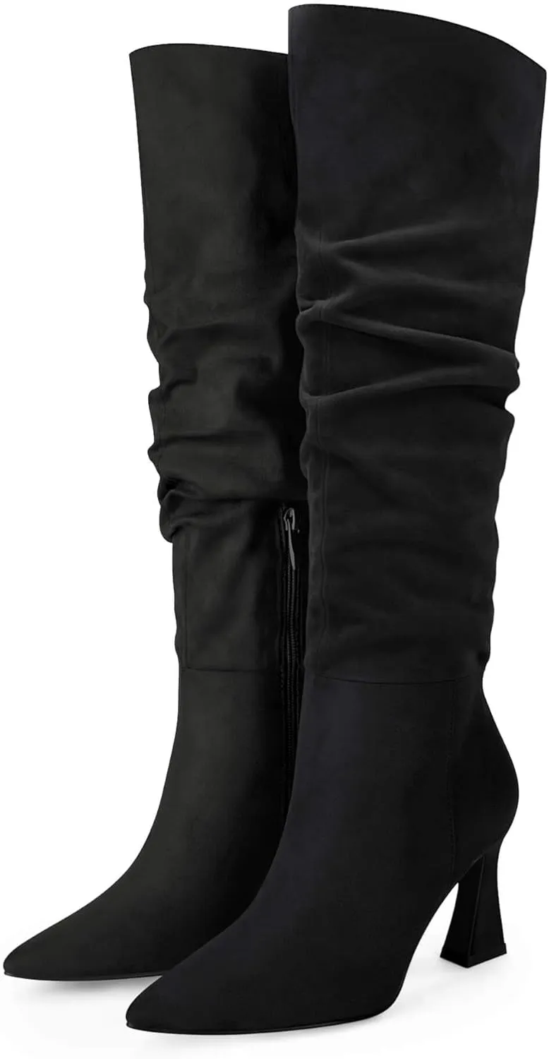 Coutgo Women's Slouchy Knee High Boots Wide Calf Pointed Toe Side Zipper Chunky Heel Long Boots Winter Shoes