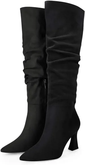 Coutgo Women's Slouchy Knee High Boots Wide Calf Pointed Toe Side Zipper Chunky Heel Long Boots Winter Shoes
