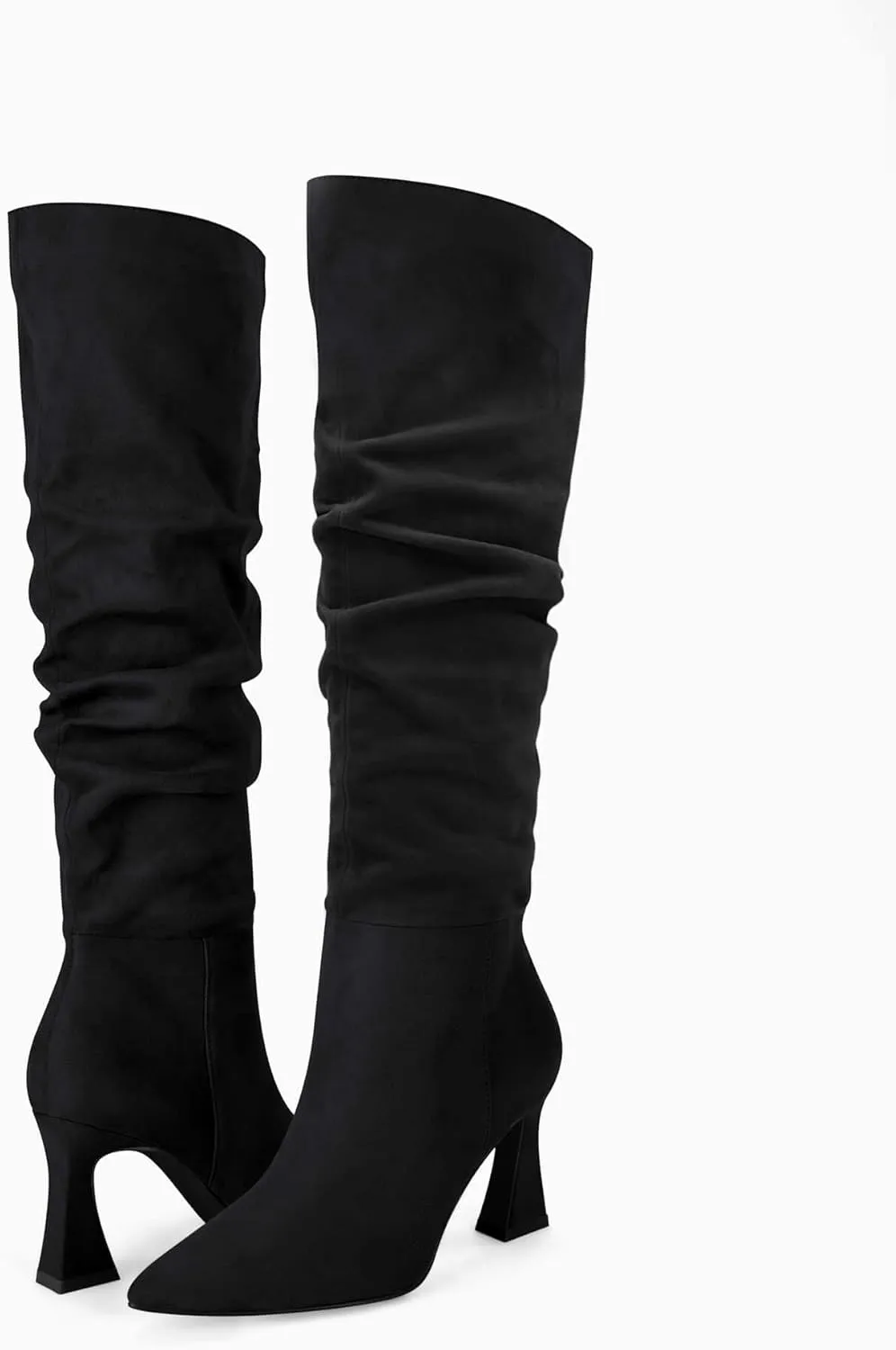 Coutgo Women's Slouchy Knee High Boots Wide Calf Pointed Toe Side Zipper Chunky Heel Long Boots Winter Shoes