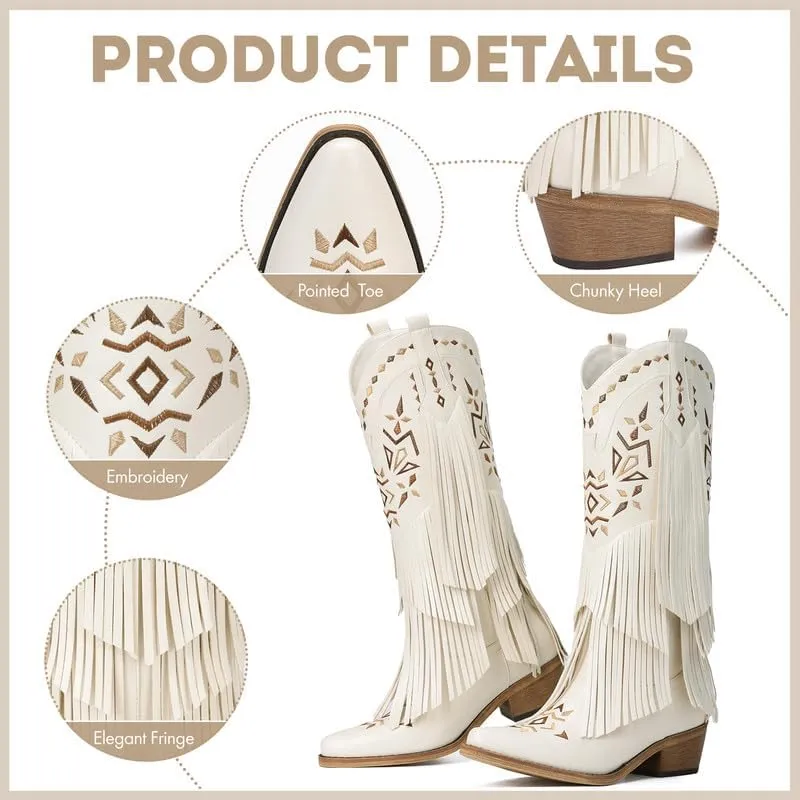 Cowboy Boots for Women - Fringe Knee High Cowgirl Boots with Classic Embroidery, Pointed Toe Pull on Retro Design, Perfect for Western Parties, Weddings and Events