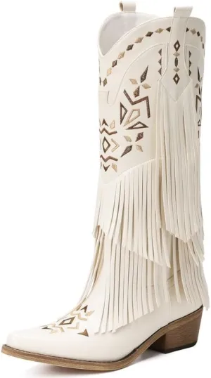 Cowboy Boots for Women - Fringe Knee High Cowgirl Boots with Classic Embroidery, Pointed Toe Pull on Retro Design, Perfect for Western Parties, Weddings and Events