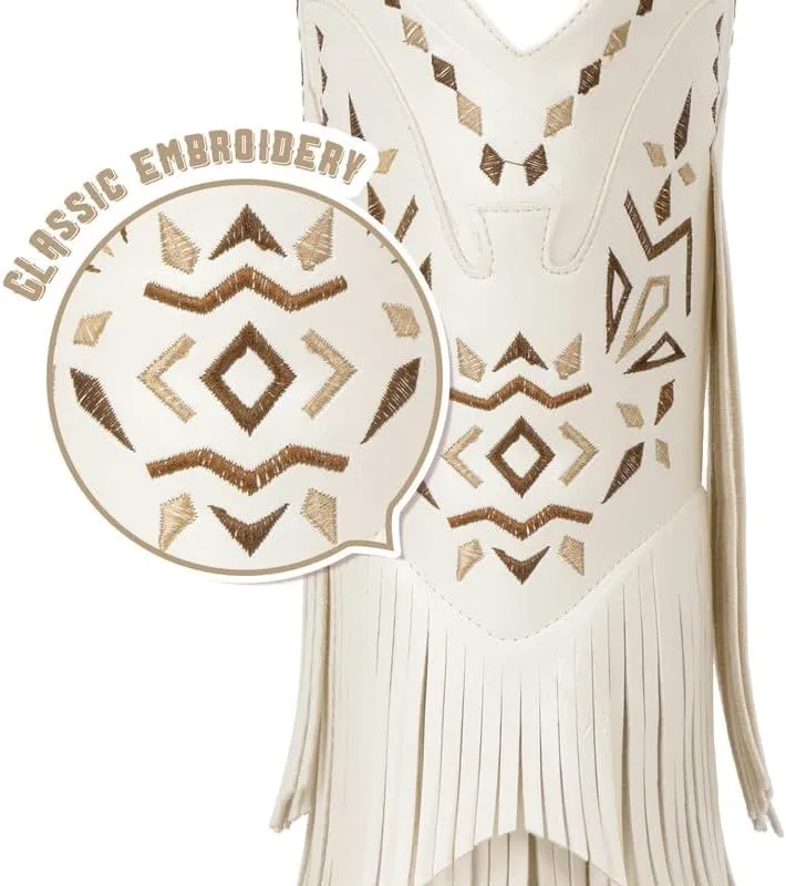 Cowboy Boots for Women - Fringe Knee High Cowgirl Boots with Classic Embroidery, Pointed Toe Pull on Retro Design, Perfect for Western Parties, Weddings and Events