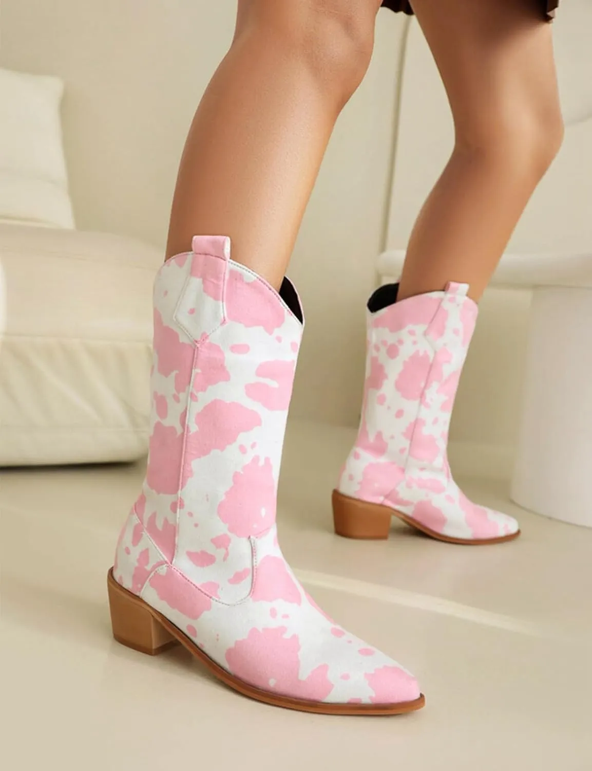 Cowboy Boots for Women Mid Calf Cowgirl Western Boots Cow Print Pointed Toe Chunky Heel Shoes US4-11