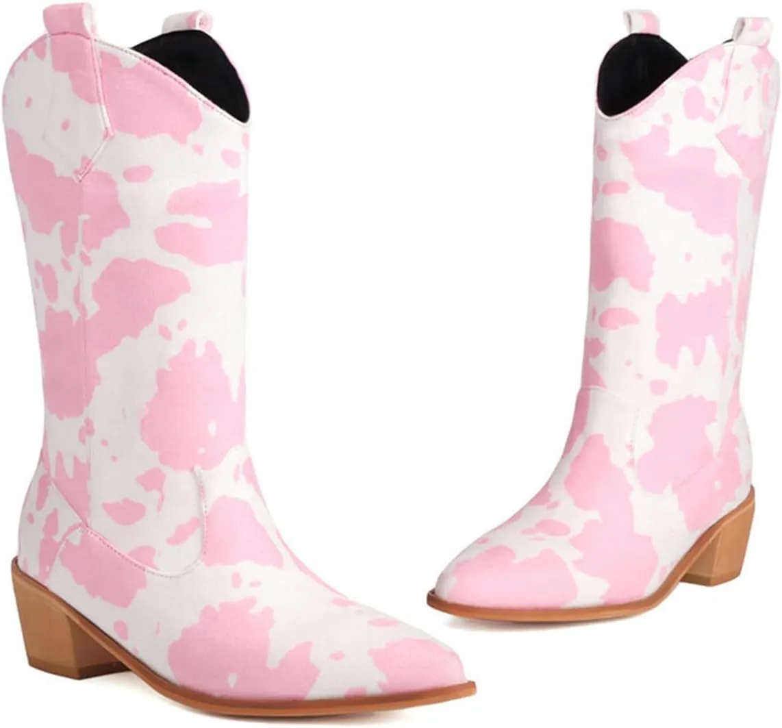 Cowboy Boots for Women Mid Calf Cowgirl Western Boots Cow Print Pointed Toe Chunky Heel Shoes US4-11