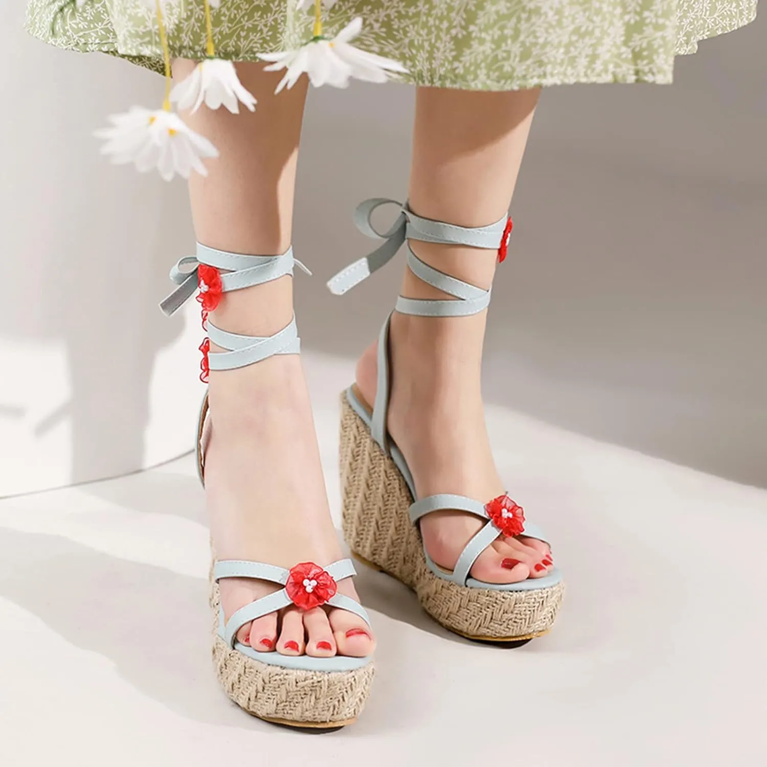 Cozivwaiy Wedge Sandals Espadrilles for Women Lace up Platform Sandals Flower High Heel Boho Sandals Holiday 4.92 inches Heels