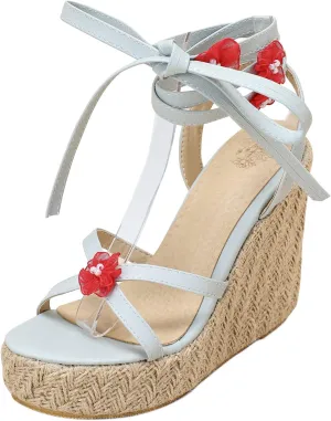 Cozivwaiy Wedge Sandals Espadrilles for Women Lace up Platform Sandals Flower High Heel Boho Sandals Holiday 4.92 inches Heels