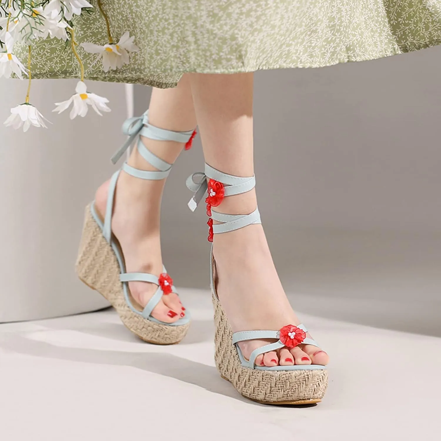 Cozivwaiy Wedge Sandals Espadrilles for Women Lace up Platform Sandals Flower High Heel Boho Sandals Holiday 4.92 inches Heels